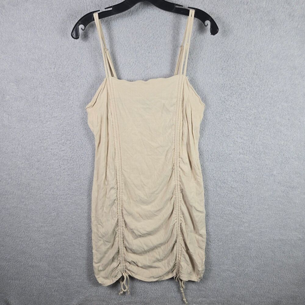 Wild Fable Womens Large Mini Dress Beige Ruched Cinch Hem Spaghetti Straps